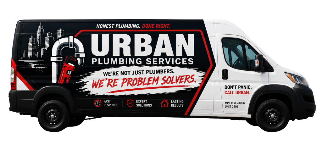 Neon-style sign reading “URBAN PLUMBING SERVICES” in pink, blue, and white on a dark background