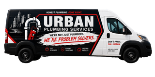 Neon-style sign reading &ldquo;URBAN PLUMBING SERVICES&rdquo; in pink, blue, and white on a dark background
