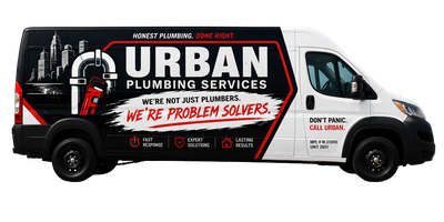 Neon-style sign reading &ldquo;URBAN PLUMBING SERVICES&rdquo; in pink, blue, and white on a dark background