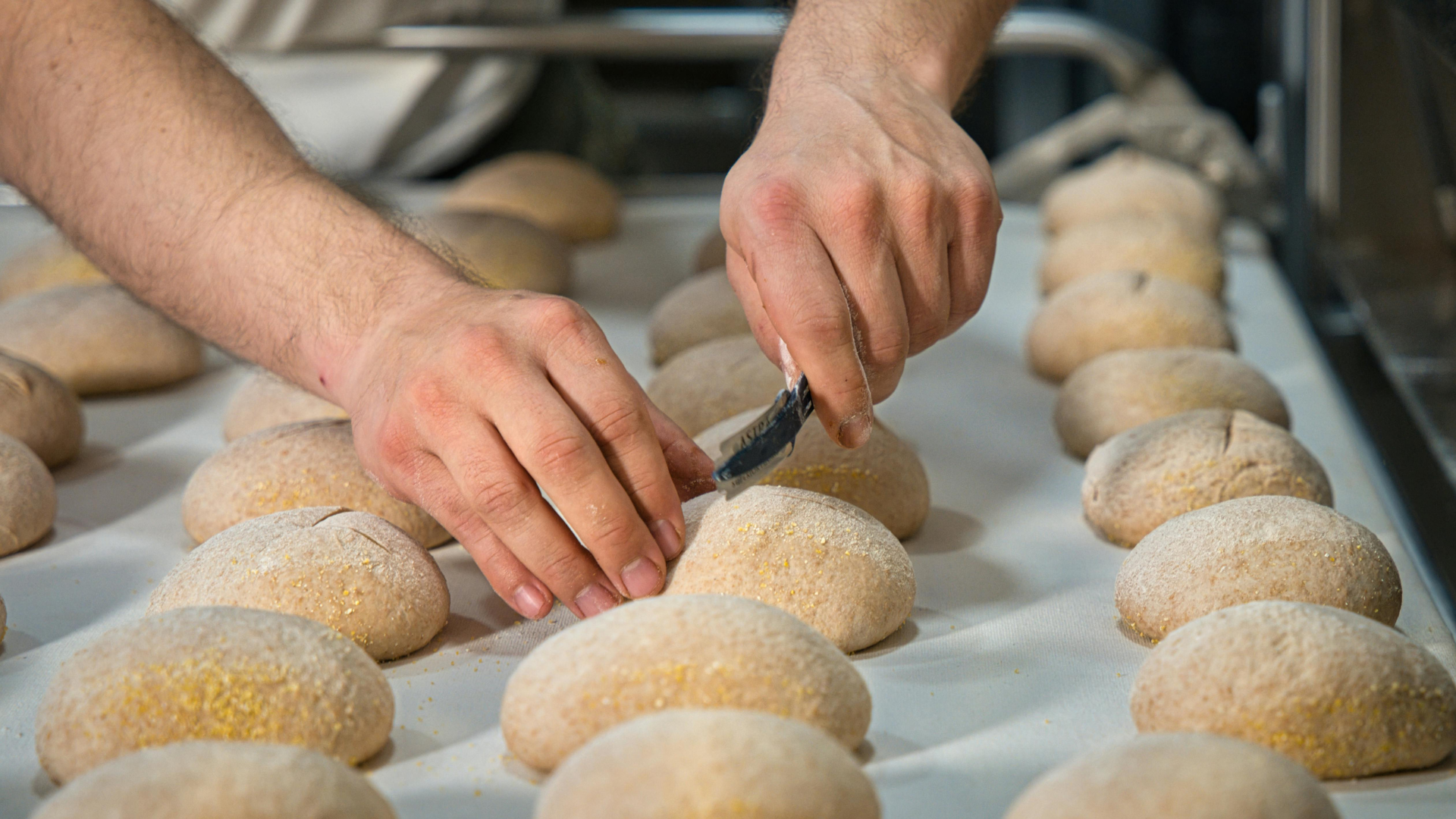 Baker scoring bread dough with a knife on a lined surface, ready for baking.