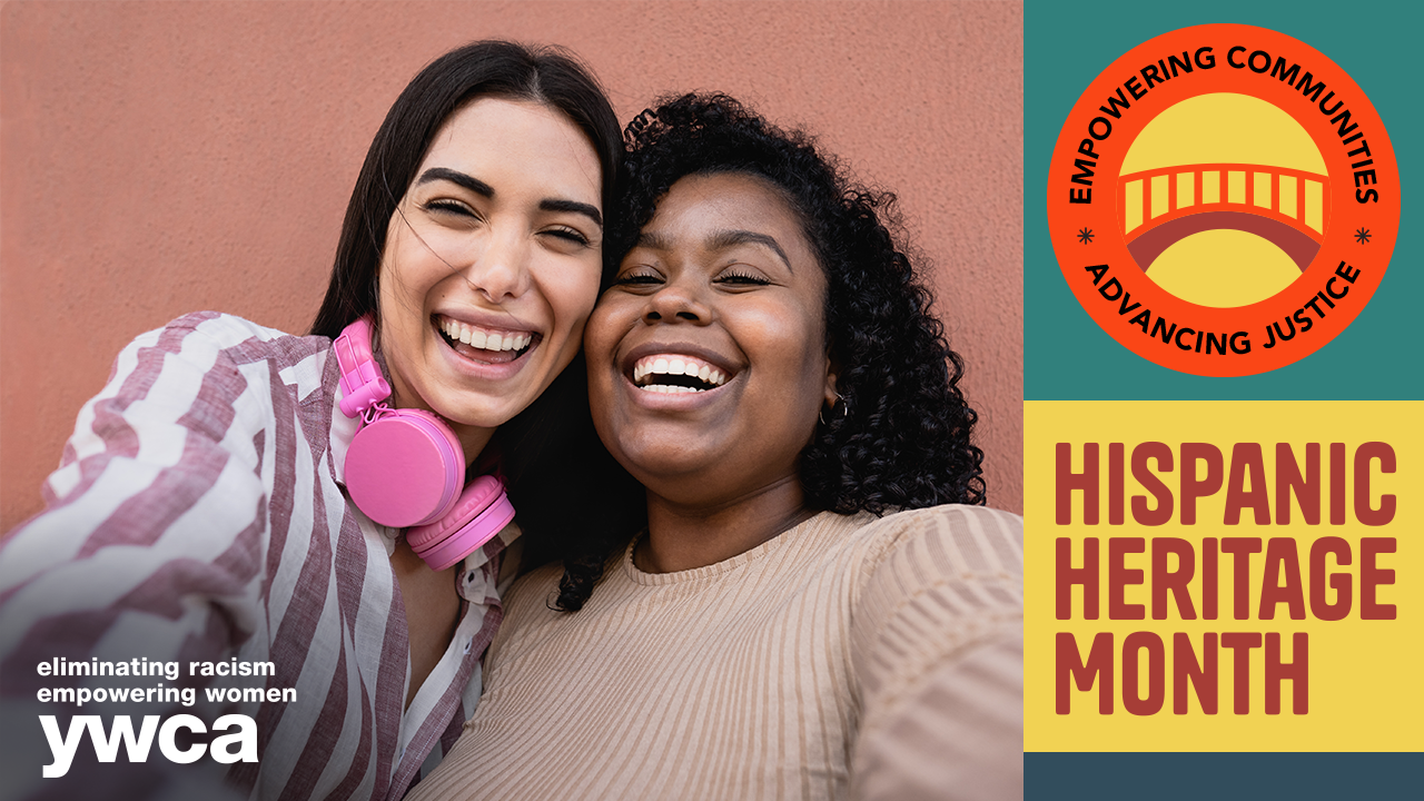 A poster for hispanic heritage month with two women laughing