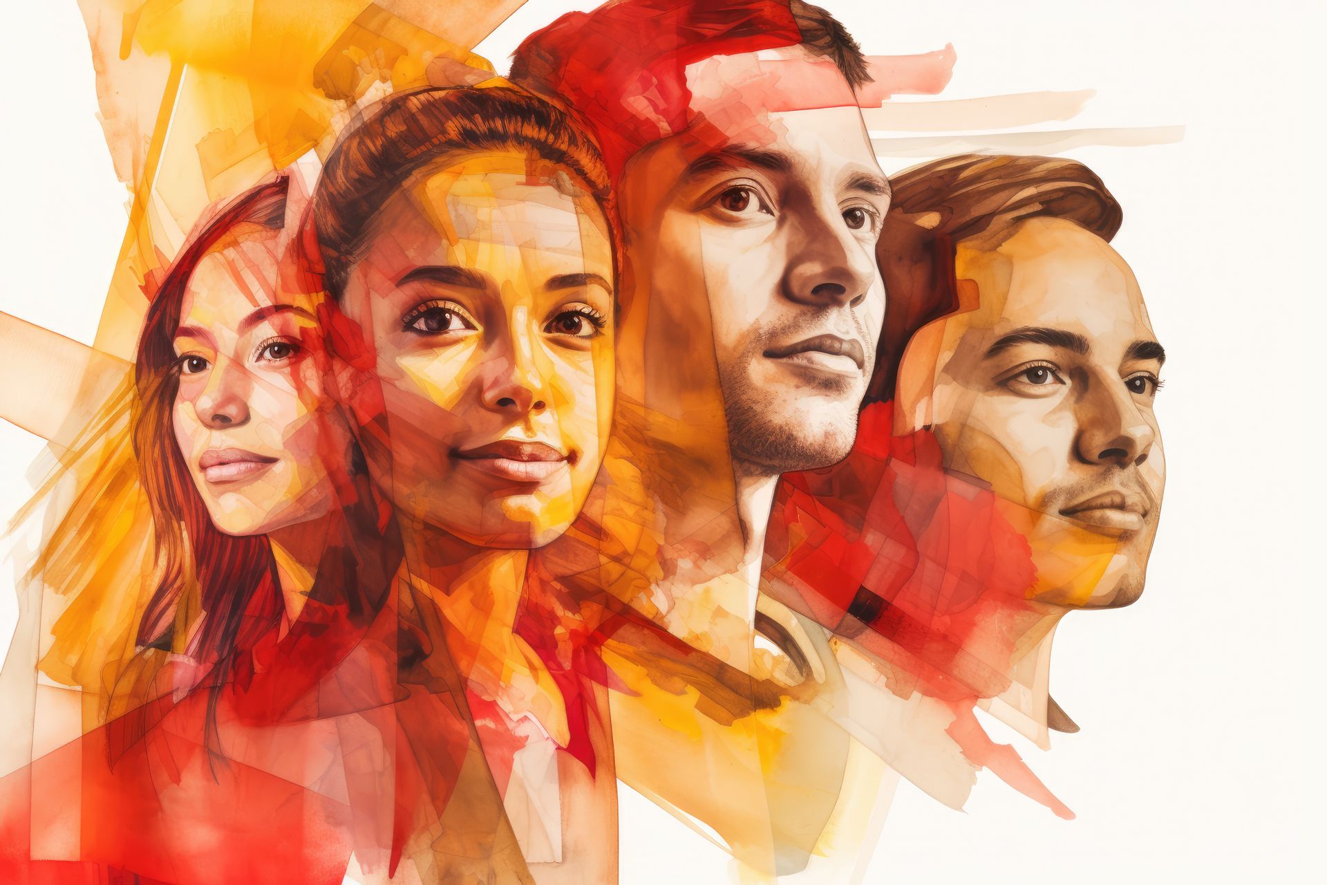 Portraits of four diverse people; watercolor style with warm colors.