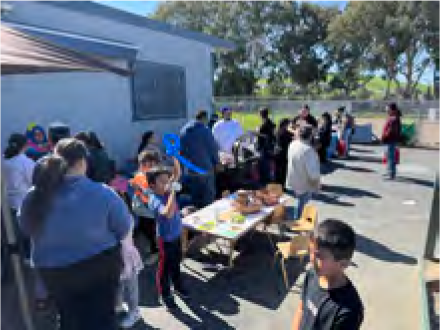 A group of people are standing around a table in a parking lot.