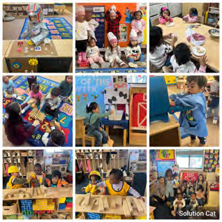 A collage of pictures of children playing in a classroom.
