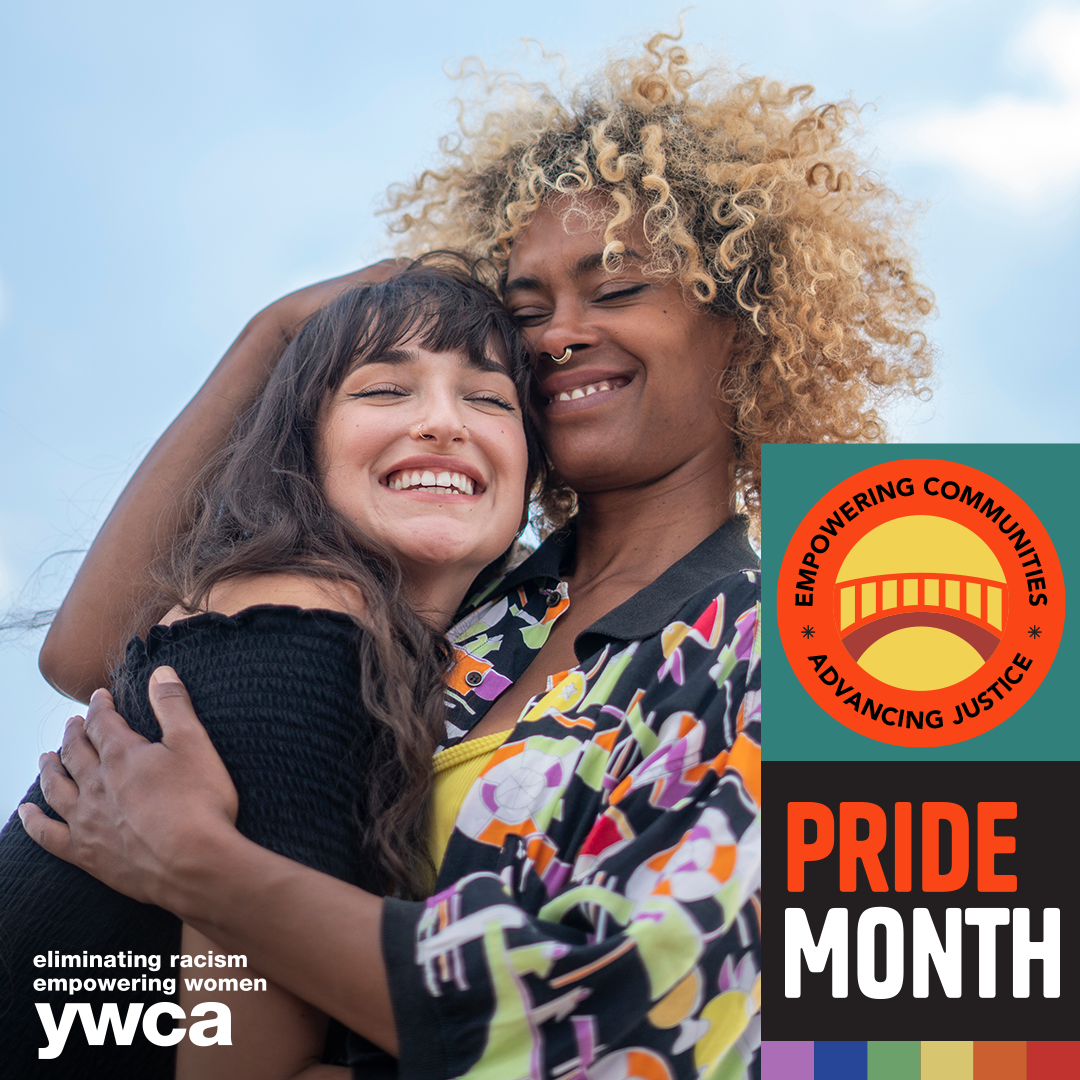 A poster for pride month with two women hugging each other