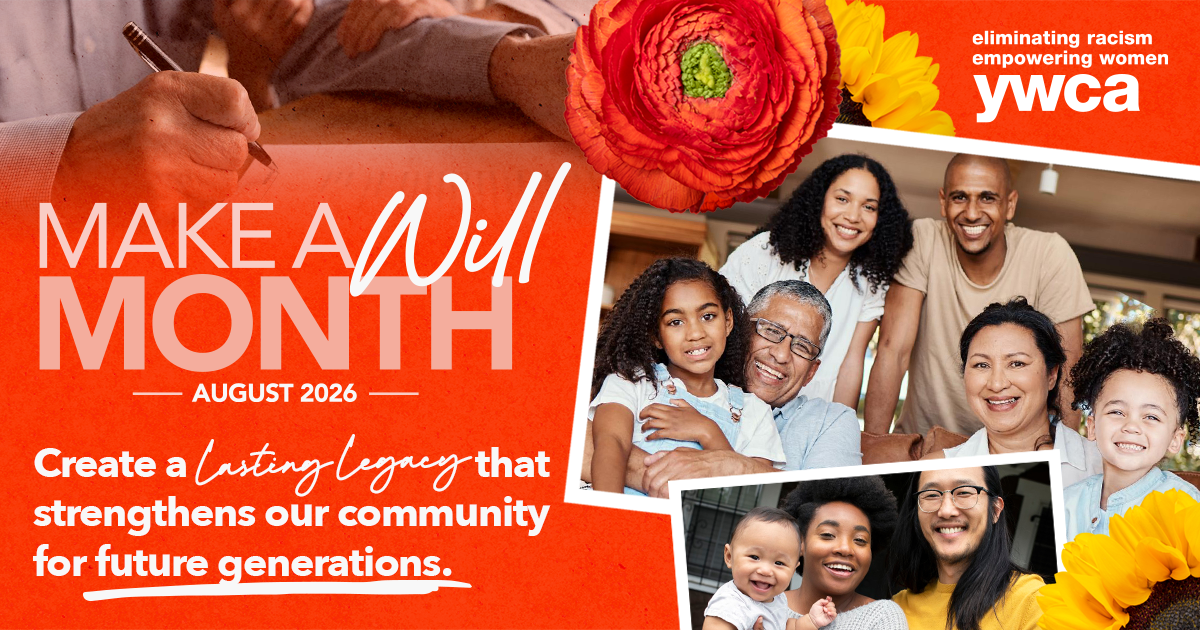 YWCA Make a Will Month poster with smiling people and orange flowers on a red-orange background.