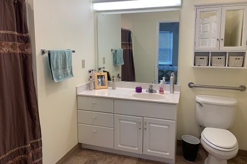A bathroom with a toilet , sink , mirror and shower curtain.