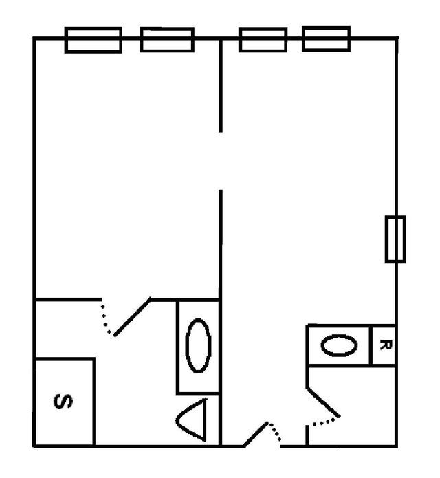 A black and white floor plan of a small apartment.