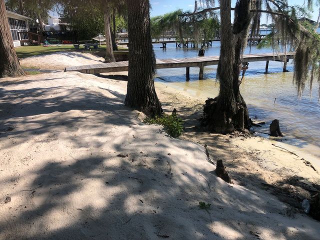 A sandy beach with trees and a dock in the background
