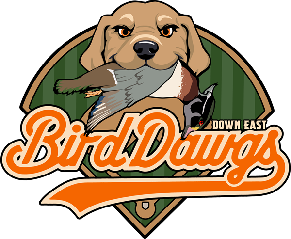 A logo for the down east bird dogs shows a dog holding a duck