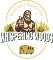 Whimsical logo for Whispering Woods glamping and recreation with Bigfoot, tent, trees, and camper van