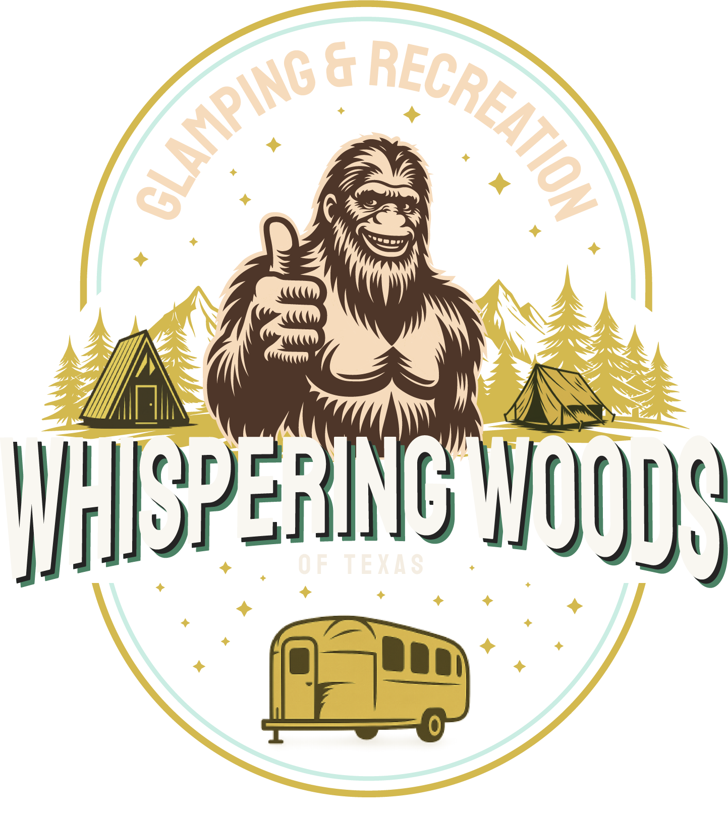 Whimsical logo for Whispering Woods glamping and recreation with Bigfoot, tent, trees, and camper van