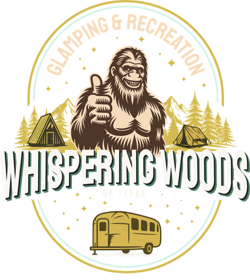 Whimsical “Whispering Woods” glamping logo with Bigfoot, tent, pine trees, and camper trailer in gold and brown.