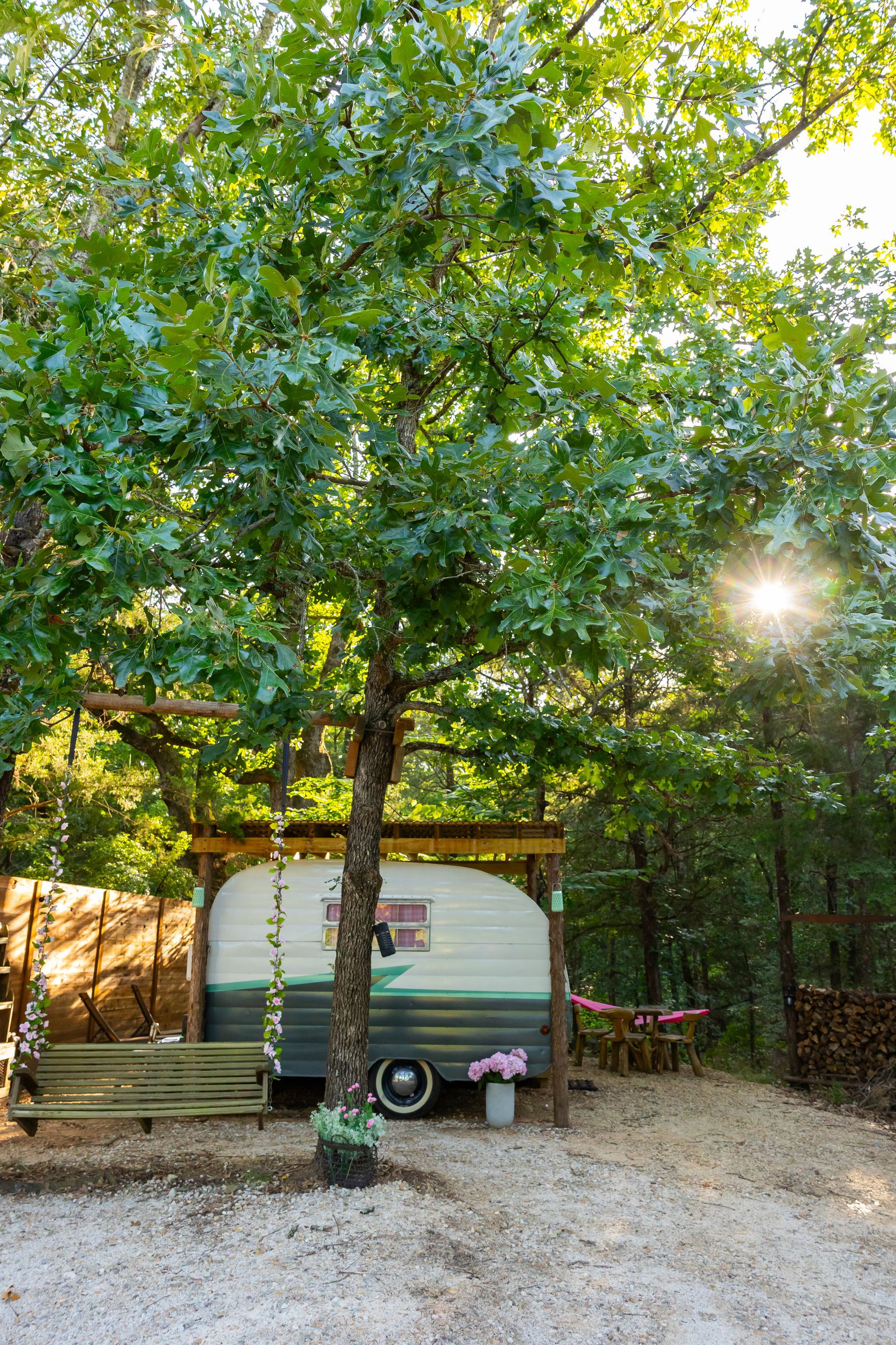 Camper trailer under leafy trees, with a wheel and outdoor items in a gravel yard at sunset.