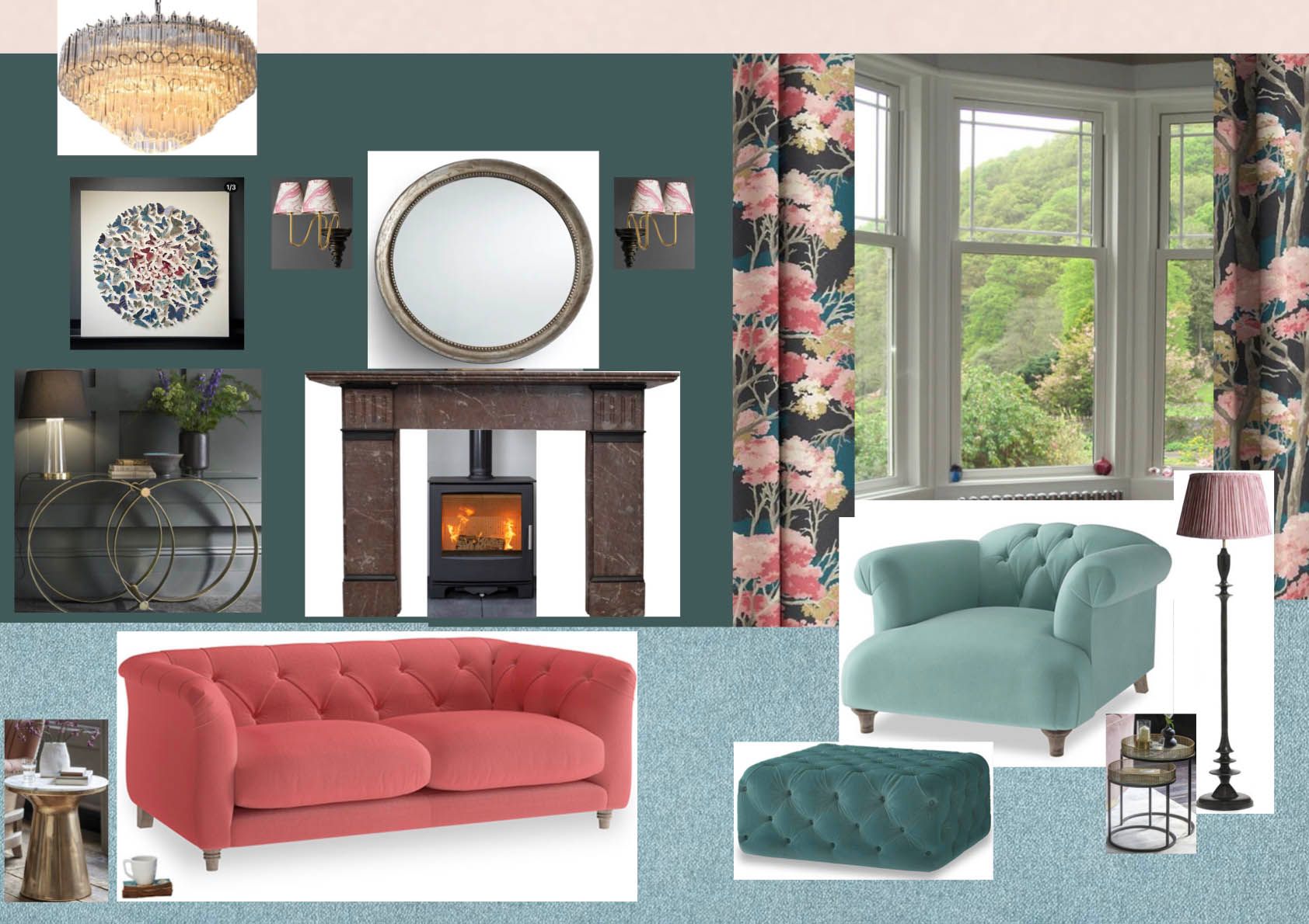 Mood board for teal and peach coloured lounge room. How we work at K Interiors.