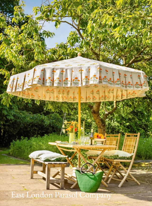 Lovely large parasol in neutral colours from the East London Parasol Company. Chosen by K Interiors for inclusion in hr outdoor styling newsletter.