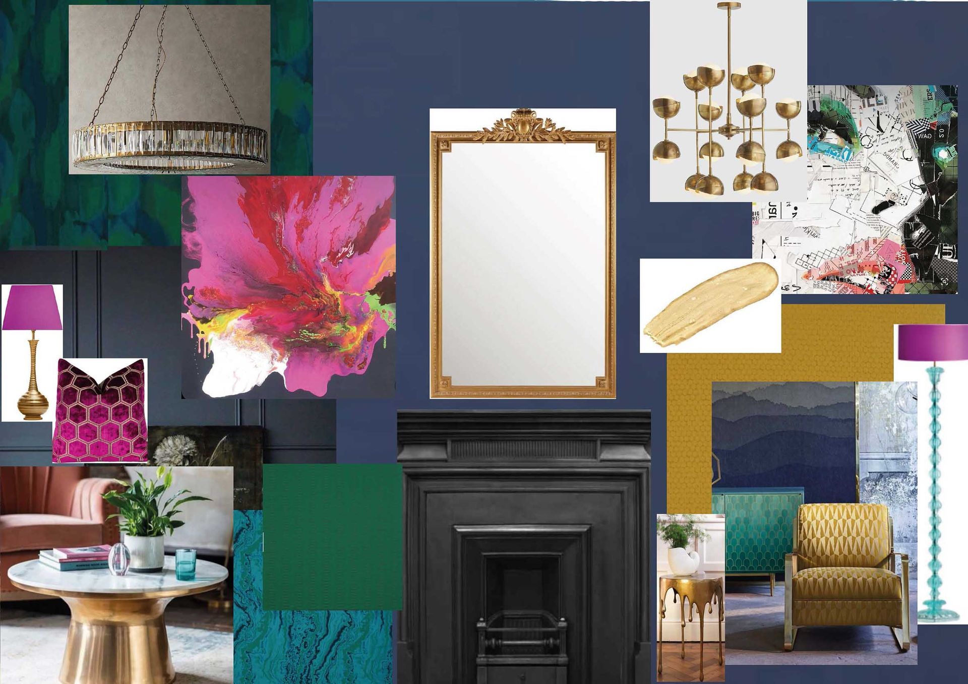 Mood board showing colourful interior. Demonstrating the full design service from K Interiors.