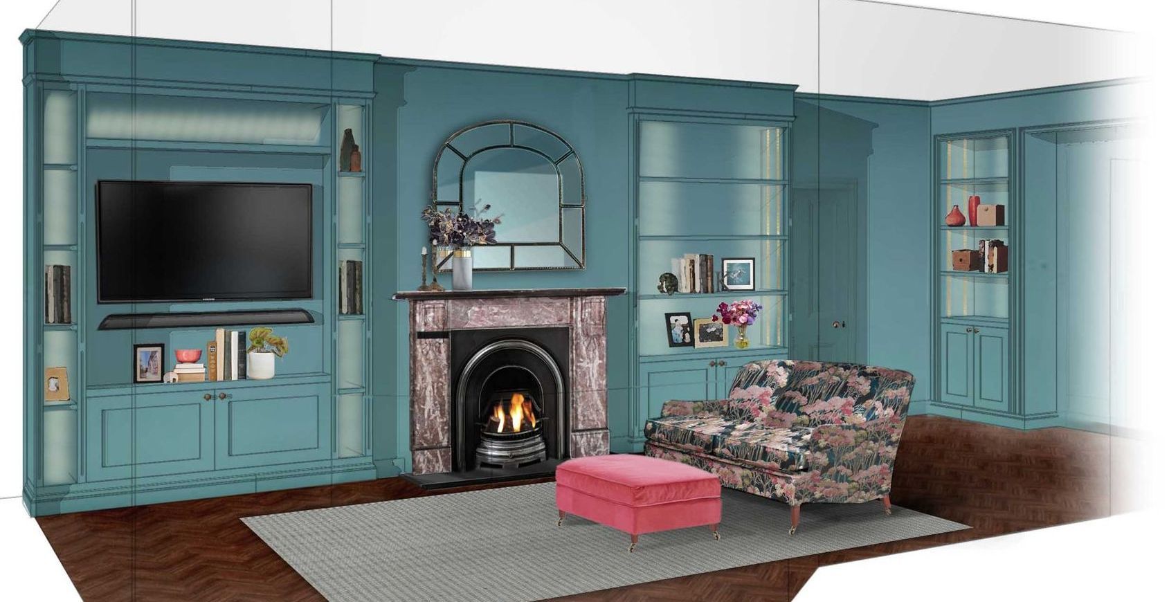 Mock up of teal and peach coloured lounge room – part of our interior design process.