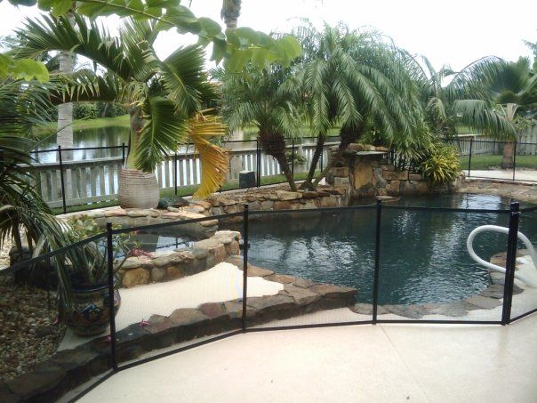 A large swimming pool with a fence around it