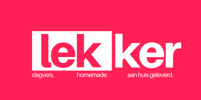 A pink and white logo for lekker dagvers homemade aan huis geleverd