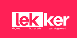 A pink and white logo for lekker dagvers homemade aan huis geleverd