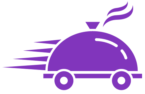 a purple icon of a tray on wheels with smoke coming out of it .