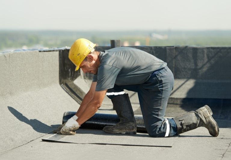 Rooftop with chimneys and a skylight; sunny day, trees in background.