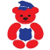 A red teddy bear with a blue hat on its head.