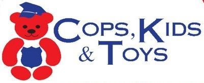 A logo for cops , kids and toys with a teddy bear wearing a police hat.