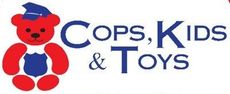 A logo for cops , kids and toys with a teddy bear wearing a police hat.