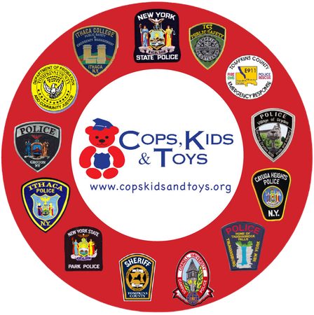 A red circle with the words cops kids and toys on it