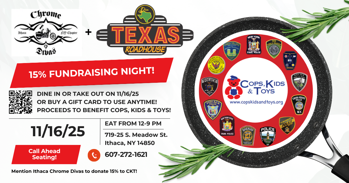 Fundraising event for Cops, Kids, and Toys at Texas Roadhouse: 15% of proceeds on 11/16/25.