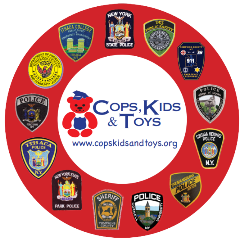 A red circle with the words cops kids and toys on it