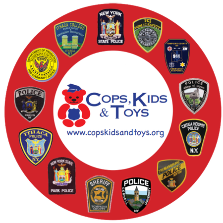 A red circle with the words cops kids and toys on it