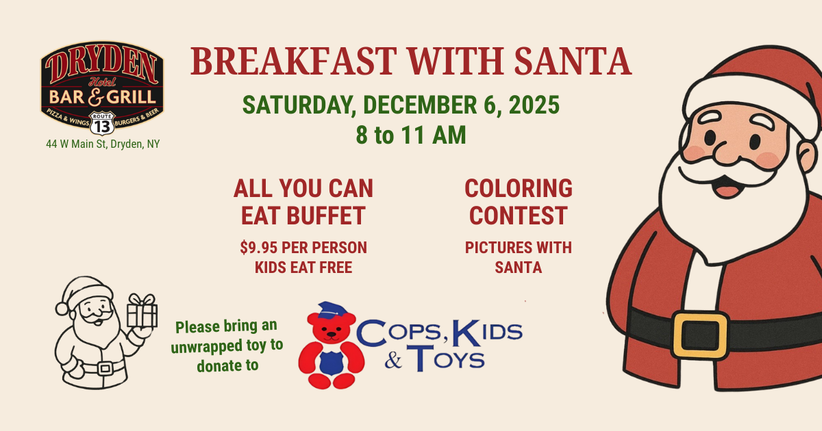Breakfast with Santa event at a bar and grill on December 6, 2025, offering a buffet, coloring contest, and pictures with Santa.