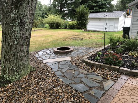 Stone walkway to fire pit and patio