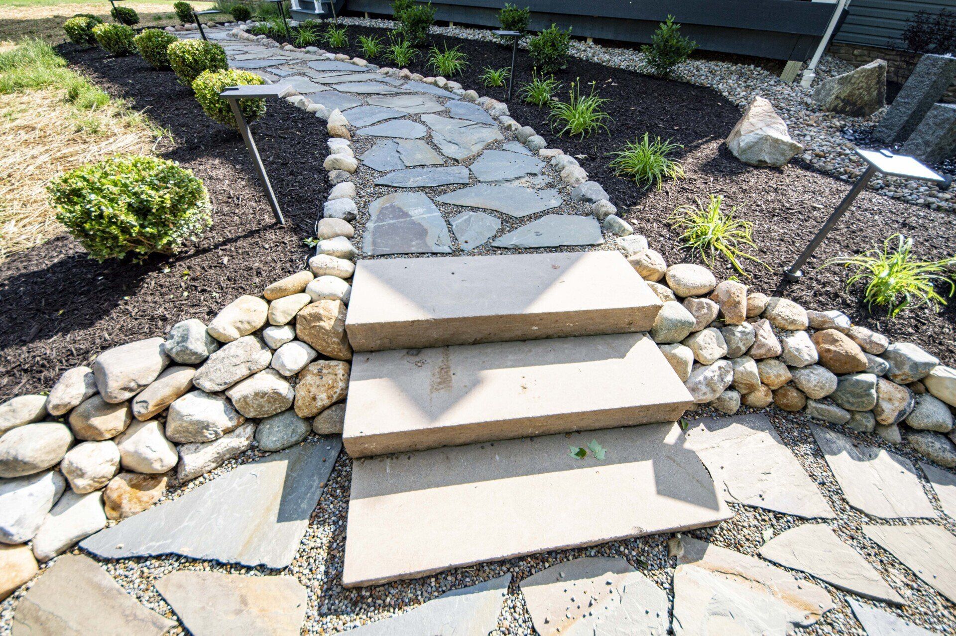 Stone stairs at the end of a stone pathway