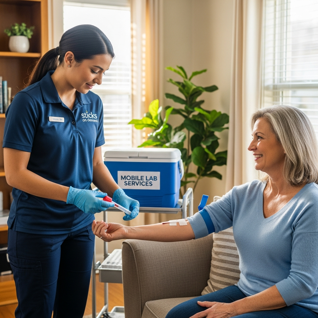 Healthcare worker drawing blood from a patient's arm at home. Blue uniforms, neutral setting.