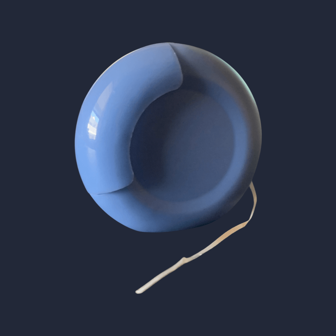 A blue object with a string attached to it