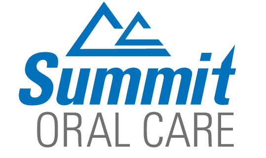 The logo for summit oral care is blue and white