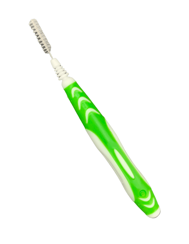 A green and white toothbrush on a white background