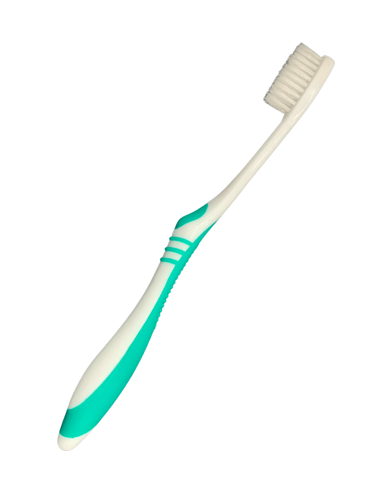 A toothbrush with a green handle and white bristles