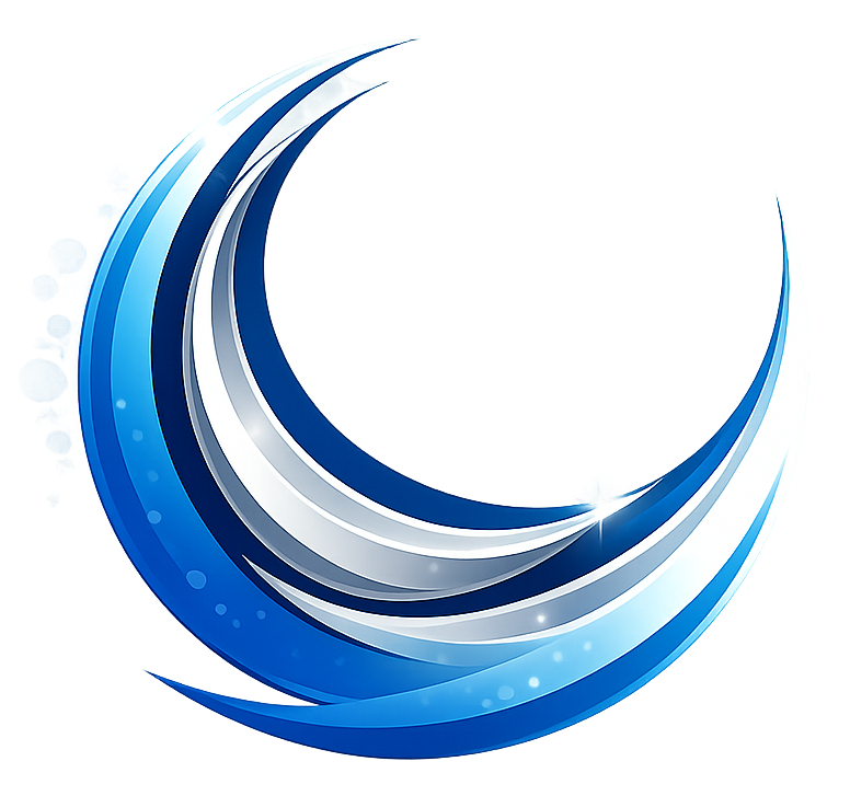Abstract blue and silver crescent swirl logo on a white background
