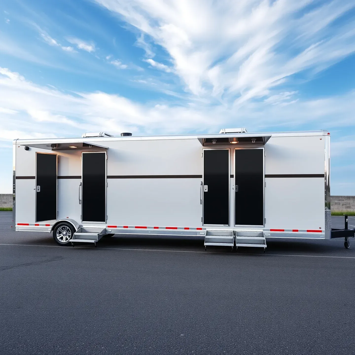 White enclosed trailer with open side doors parked on a road under a blue sky