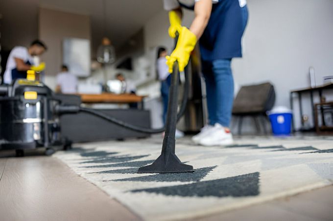 A woman is using a vacuum cleaner to clean a rug in a living room.