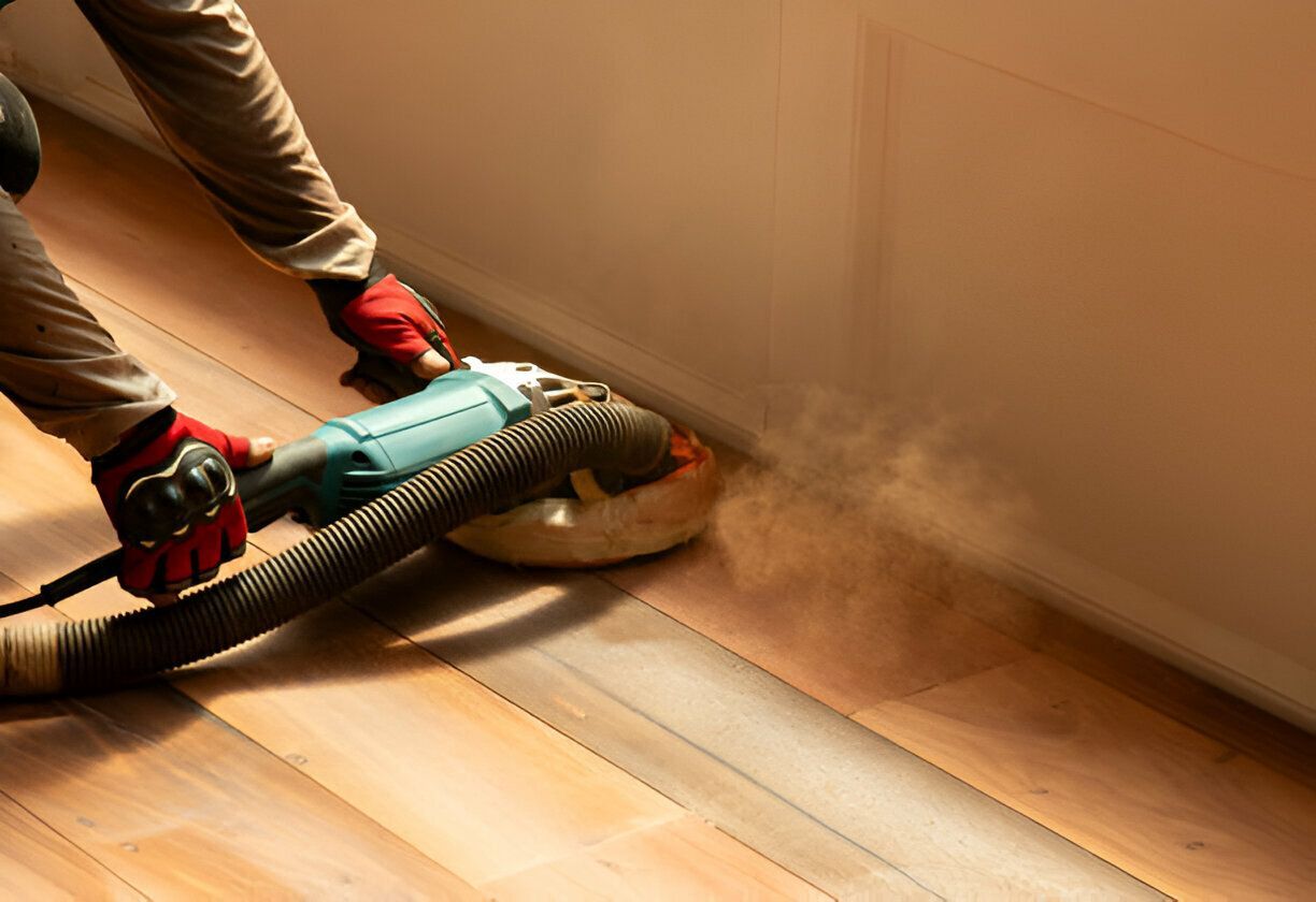 Person sanding a wooden floor with a sander, creating dust.