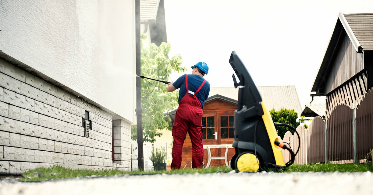 Man pressure washing a house with a yellow and black pressure washer, sunny outdoors.