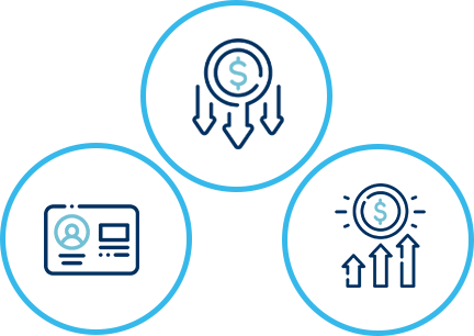 Three circles with arrows pointing in different directions and a dollar sign in the middle.