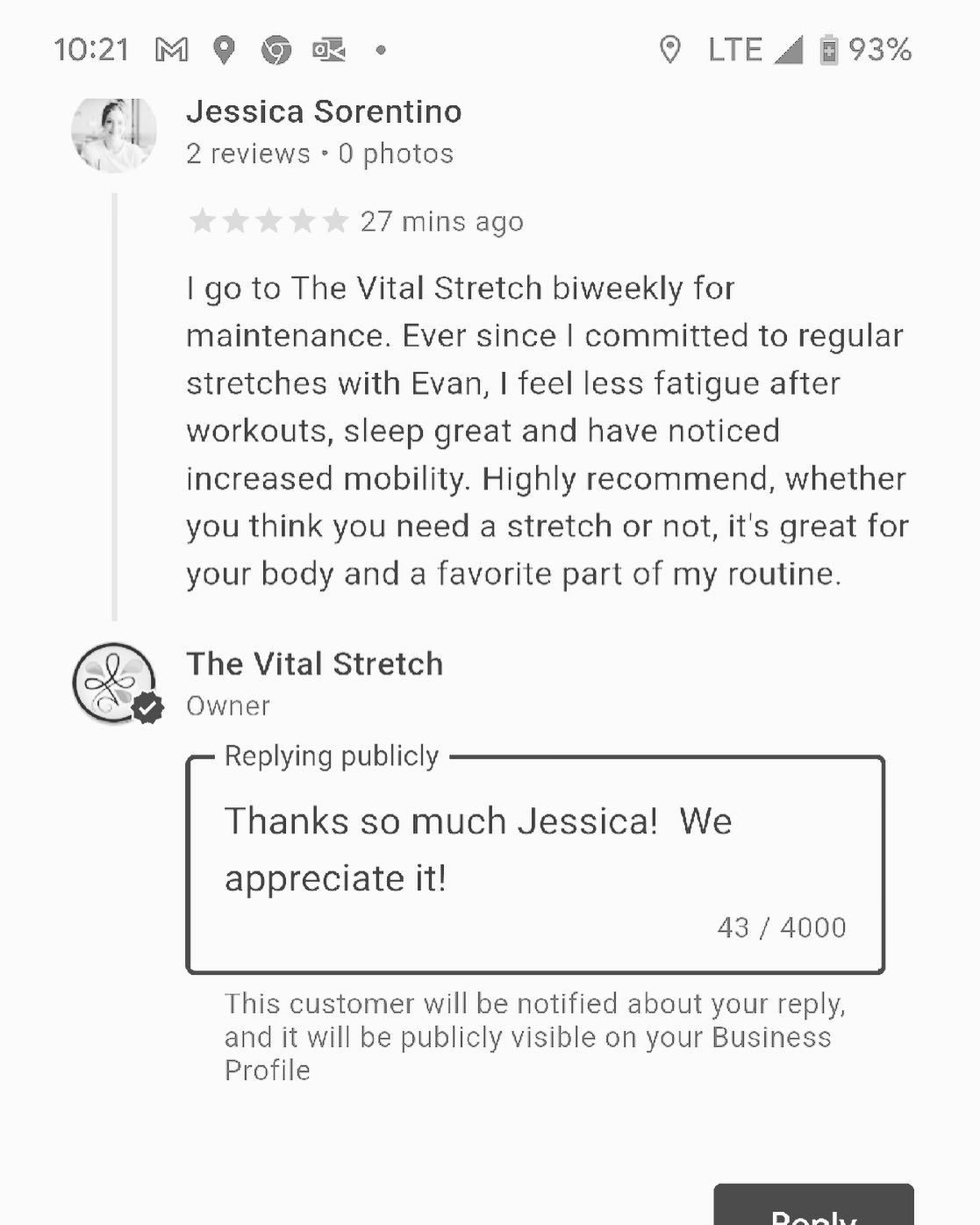 A screenshot of a customer 's review on the vital stretch website.