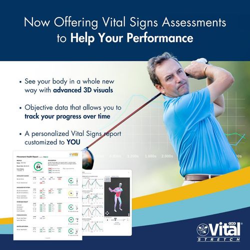 A man is swinging a golf club on a poster that says now offering vital signs assessments to help your performance